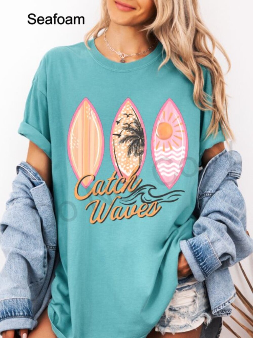 Comfort Colors Catch Waves Surfboard Graphic Tee Beach Vacation Coastal Summer